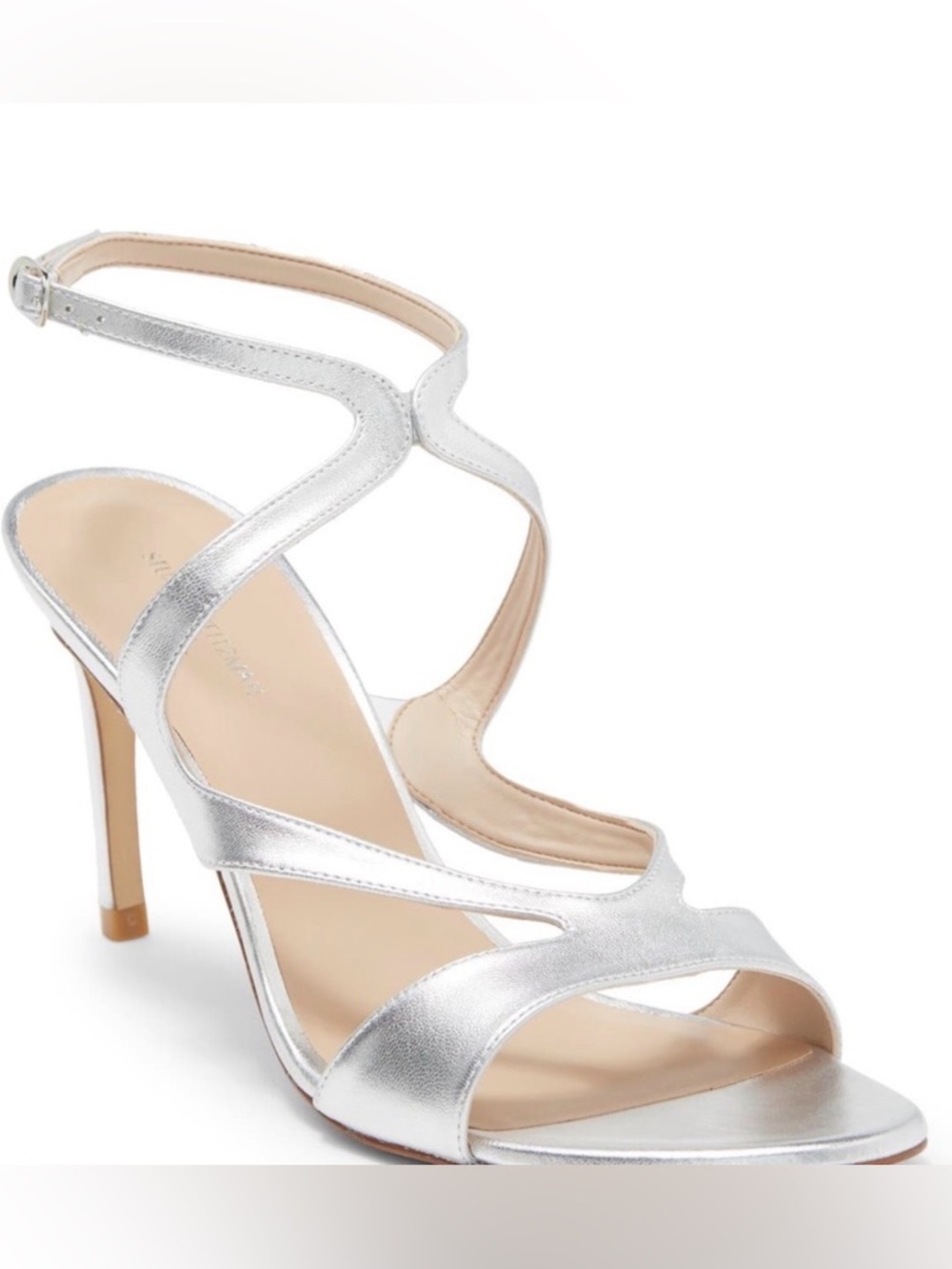 Stuart Weitzman Mariposa Ankle
Strap High Heel Sandals in Metallic Silver